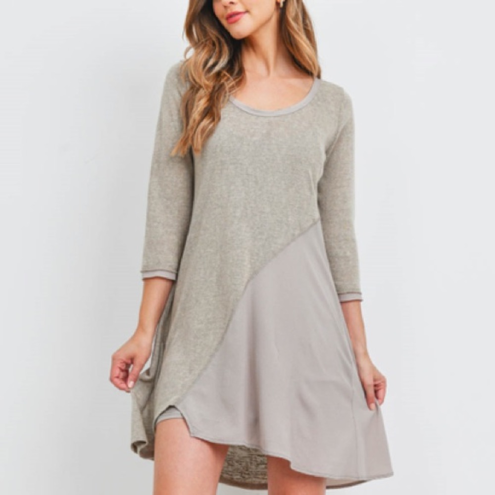 Taupe 3/4 sleeve round neck asymmetric hem two-tone shift dress. CUTE! - Picture 9 of 10